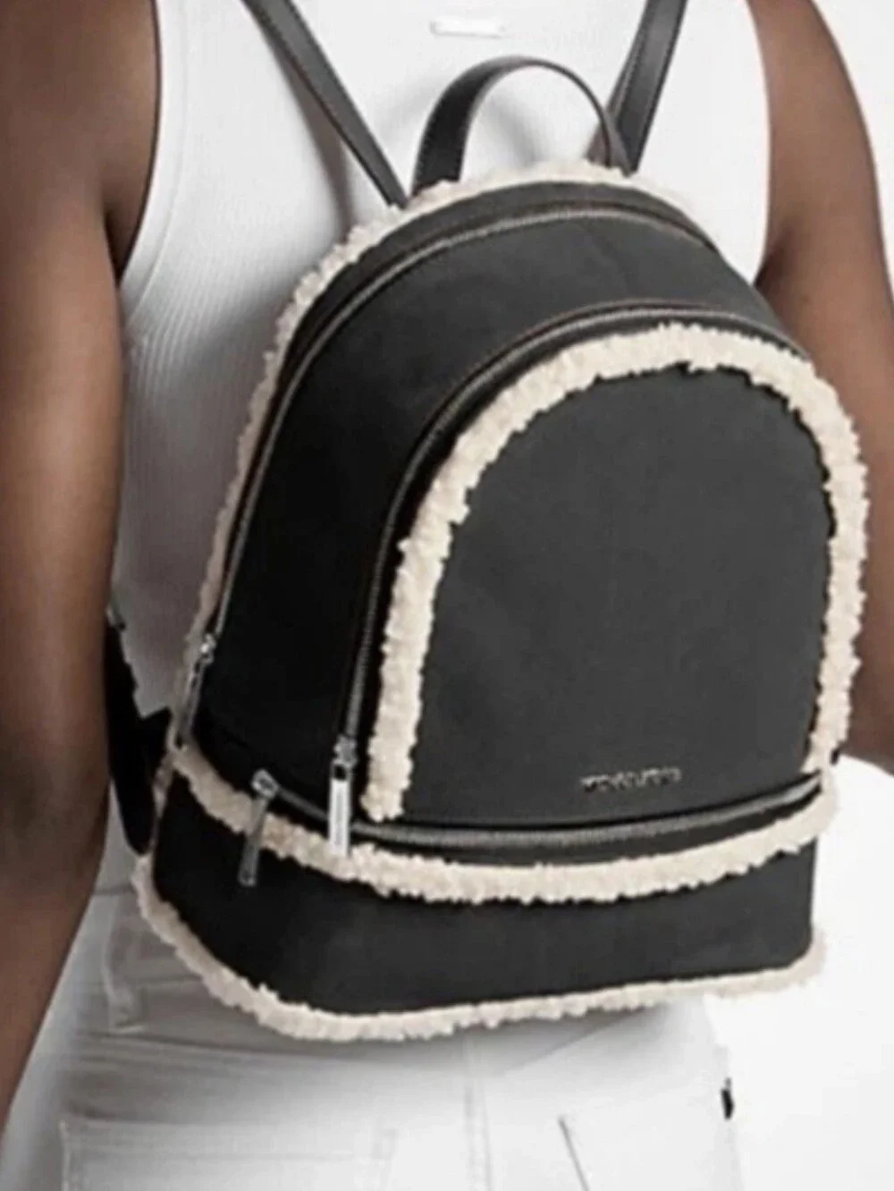 Michael Kors Rhea Black Suede Leather Backpack with Cream Shearling Trim NWT